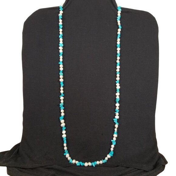 Pearls & Turquoise Rope Necklaces x 2 Freshwater Pearls & Turquoise Chips - Picture 5 of 15